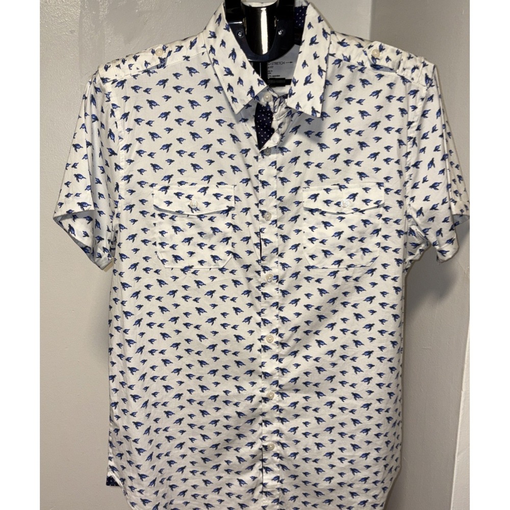 Mens Paper Denim Cloth Button Down Turtle Short Sleeve Blue Slim Fit Sz Medium